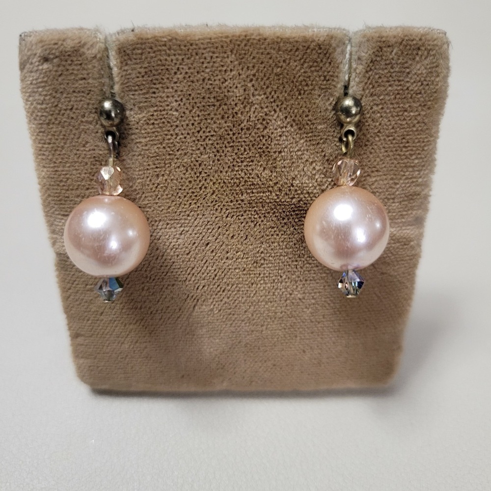 Unsigned Aurora‎ Borealis Bead Pink Imitation Pearl Stud Pierced Dangle Earrings